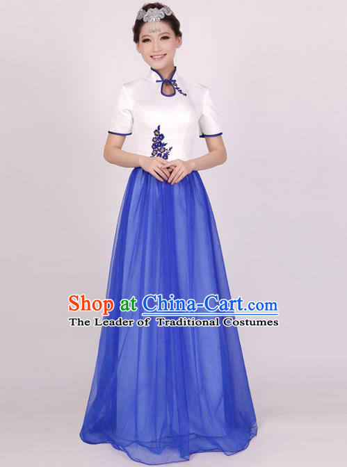 Traditional Chinese Classical Blue and White Porcelain Modern Dance Cheongsam Dress, Yangge Fan Dancing Costume Chorus Suits, Folk Dance Yangko Costume for Women