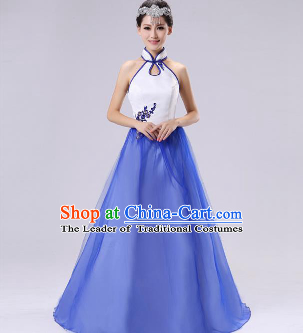 Traditional Chinese Classical Blue and White Porcelain Modern Dance Cheongsam Dress, Yangge Fan Dancing Costume Chorus Suits, Folk Dance Yangko Costume for Women