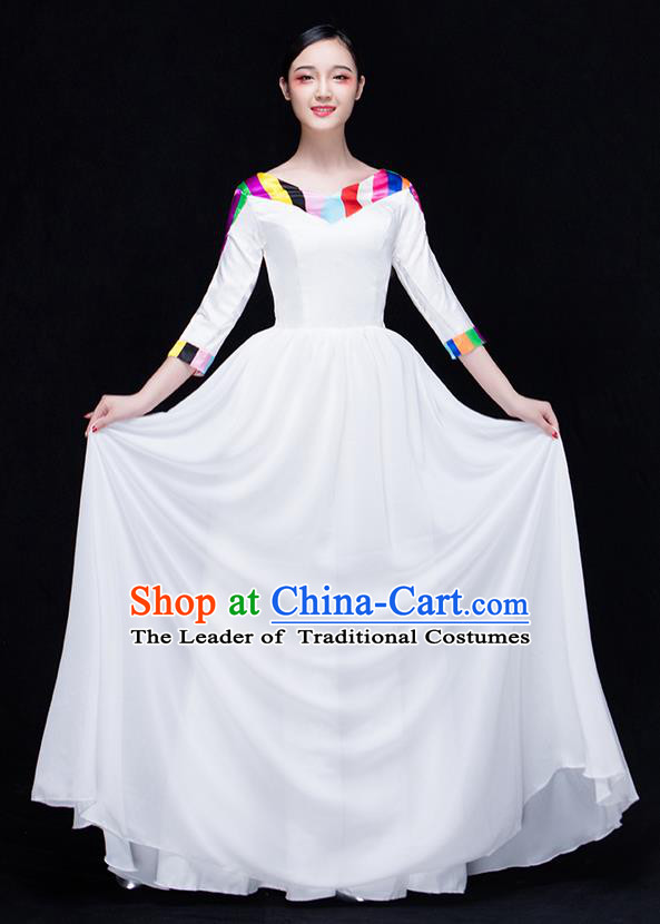 Traditional Chinese Classic Stage Performance Chorus Colorful Folk Dance Costumes Dress, Chorus Competition Costume, Compere Costumes for Women