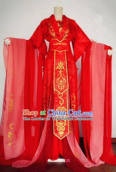 Traditional Chinese Ancient Princess Red Costumes, Chinese Han Dynasty Imperial Princess Wedding Bride Embroidery Clothes Complete Set for Women