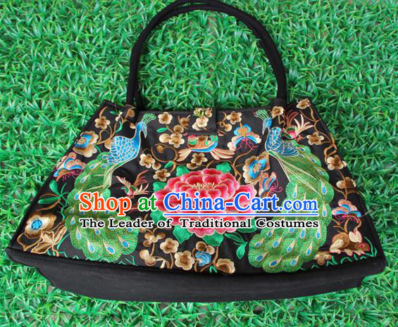 Traditional Chinese Miao Nationality Palace Handmade Double-Sided Embroidery Peacock Peony Handbag Hmong Handmade Embroidery Bags for Women