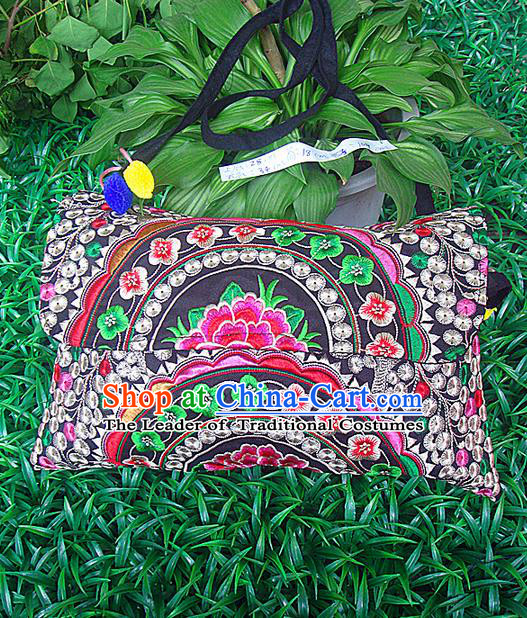 Traditional Chinese Miao Nationality Palace Handmade Single-Sided Embroidery Peony Handbag Hmong Handmade Embroidery Canvas Messenger Bags for Women