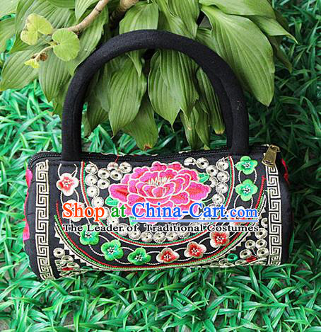 Traditional Chinese Miao Nationality Palace Handmade Four-Sided Embroidery Peony Handbag Hmong Handmade Embroidery Canvas Bags for Women