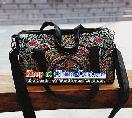 Traditional Chinese Miao Nationality Palace Handmade Four-Sided Embroidery Peony Handbag Hmong Handmade Embroidery Canvas Messenger Bags for Women