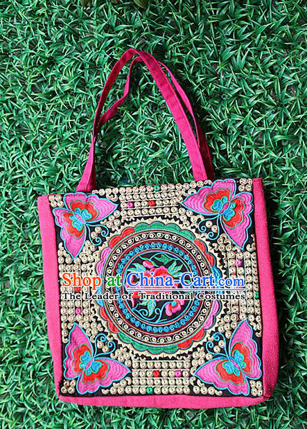 Traditional Chinese Miao Nationality Palace Handmade Single-Sided Embroidery Peony Butterfly Handbag Hmong Handmade Embroidery Canvas Single Shoulder Bags for Women