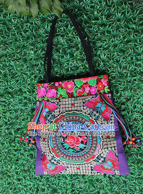 Traditional Chinese Miao Nationality Palace Handmade Single-Sided Embroidery Butterfly Peony Handbag Hmong Handmade Embroidery Canvas Single Shoulder Bags for Women