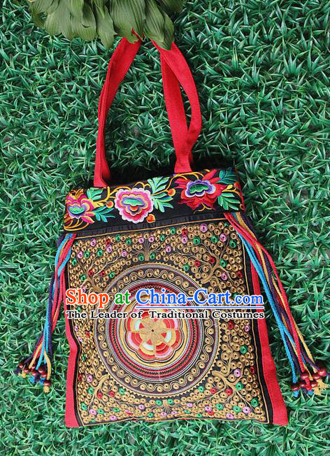 Traditional Chinese Miao Nationality Palace Handmade Single-Sided Embroidery Butterfly Peony Handbag Hmong Handmade Embroidery Canvas Single Shoulder Bags for Women