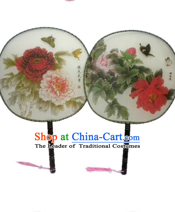 Ancient Chinese Tuan Shan Circular Fan Moon Shaped Fan Stage Property Dance Chinese Painting Flowers