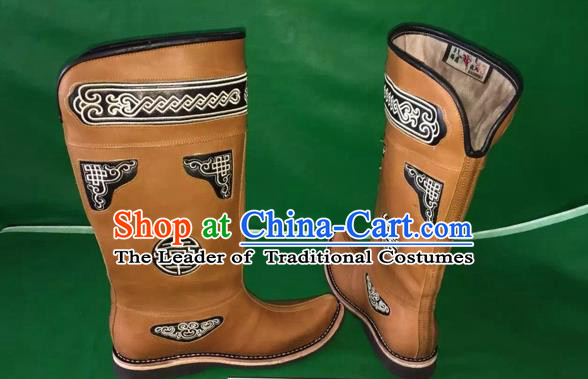 Traditional Chinese Minority Mongol Nationality Ethnic Minorities Mongolian Dance Cowhide Boots, Mongolian Knee Boots Handmade Jockey Boots Tanks Boots for Men