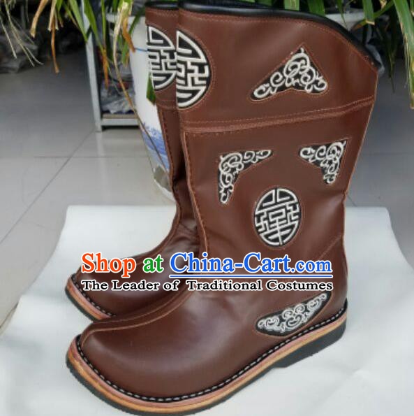 Traditional Chinese Minority Mongol Nationality Ethnic Minorities Mongolian Dance Cowhide Boots, Mongolian Knee Boots Handmade Jockey Boots Tanks Boots for Men