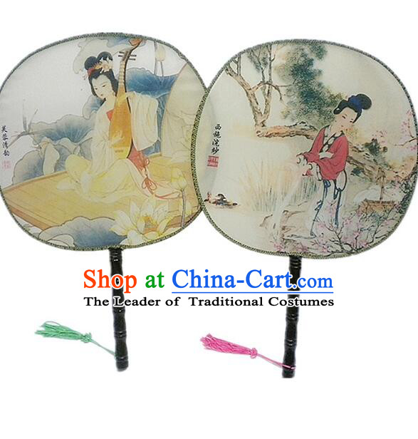 Ancient Chinese Tuan Shan Circular Fan Moon Shaped Fan Stage Property Dance Chinese Painting Ancient Beauty