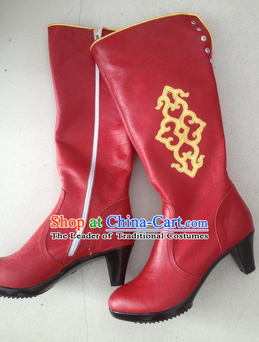 Traditional Chinese Minority Mongol Nationality Ethnic Minorities Mongolian Dance Cowhide Boots Mongolian Knee Boots Jockey Boots Tanks Boots for Women