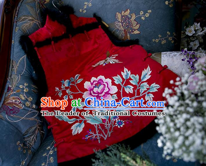 Traditional Classic Women Clothing, Traditional Classic Chinese Silk Red Satin Embroidered Rabbit Fur Vest China Vests