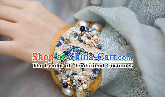 Traditional Classic Women Accessories, Traditional Classic Chinese Embroidery Bracelets, Hand Wrist Accessories, Silver Pearl Bracelet for Women