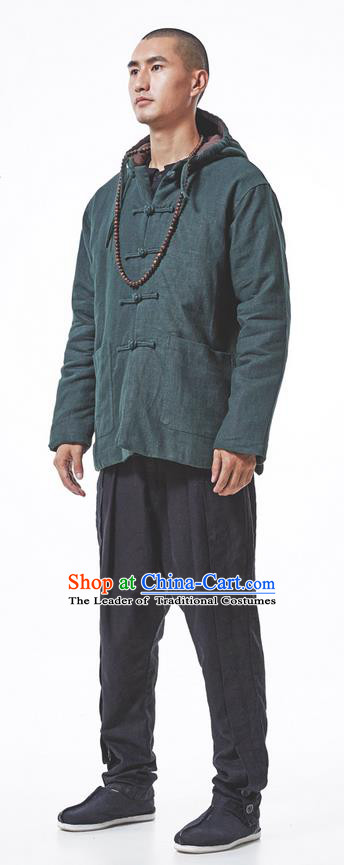 Chinese Hooded Cotton Linen Double-Breasted Tang Suit Plate Buttons Costumes, Chinese Style Ancient Thick Cotton-Padded Jacket Hanfu Male Winter Coat