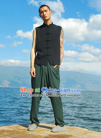 Traditional Chinese Linen Tang Suit Men Plate Buttons Vest, Chinese Ancient Costumes Linen Vests for Men