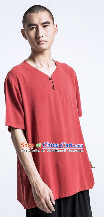 Traditional Chinese Linen Tang Suit Men Costumes, Chinese Ancient Silk Floss Short Sleeved T-Shirt Coconut Buttons Costume for Men