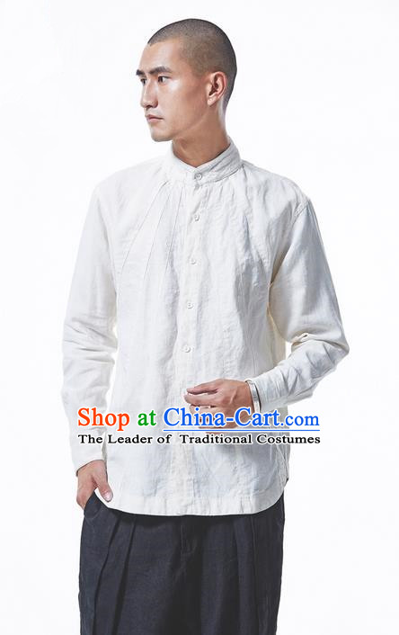 Traditional Chinese Linen Tang Suit Men Costumes Blouse, Chinese Ancient Tunic Suit Long Sleeved Shirt for Men