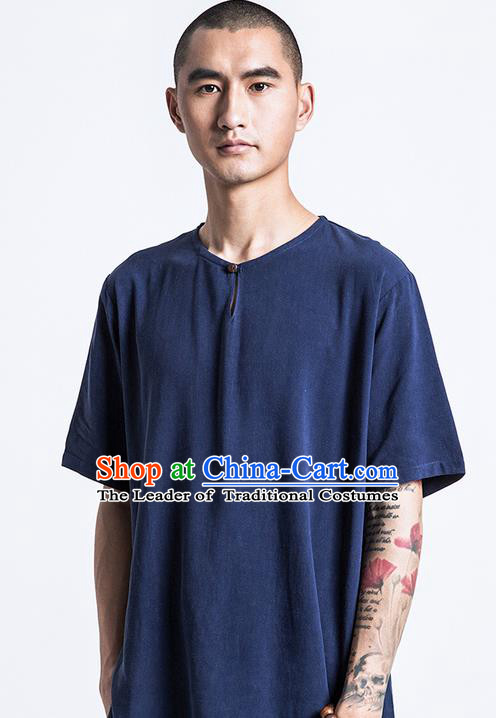 Traditional Chinese Linen Tang Suit Men Costumes, Chinese Ancient Coconut Buttons Short Sleeved T-Shirt Costume for Men