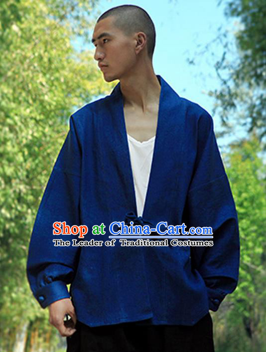 Traditional Chinese Jean Tang Suit Men Costumes Coat, Chinese Bandhnu Hanfu, Chinese Ancient Double Jean Linen Jacket for Men