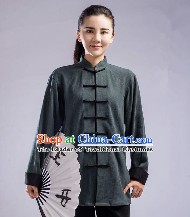 Traditional Chinese Top Thicken Linen Kung Fu Costume Martial Arts Kung Fu Training Uniform Tang Suit Gongfu Shaolin Wushu Clothing Tai Chi Taiji Teacher Suits Uniforms for Women