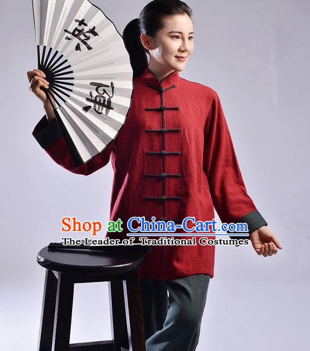 Traditional Chinese Top Thicken Linen Kung Fu Costume Martial Arts Kung Fu Training Uniform Tang Suit Gongfu Shaolin Wushu Clothing Tai Chi Taiji Teacher Suits Uniforms for Women