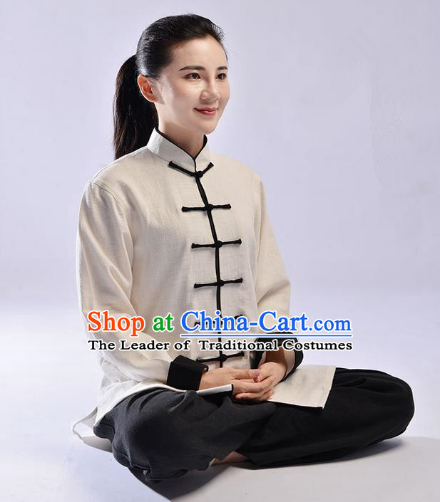 Traditional Chinese Top Thicken Linen Kung Fu Costume Martial Arts Kung Fu Training Uniform Tang Suit Gongfu Shaolin Wushu Clothing Tai Chi Taiji Teacher Suits Uniforms for Women