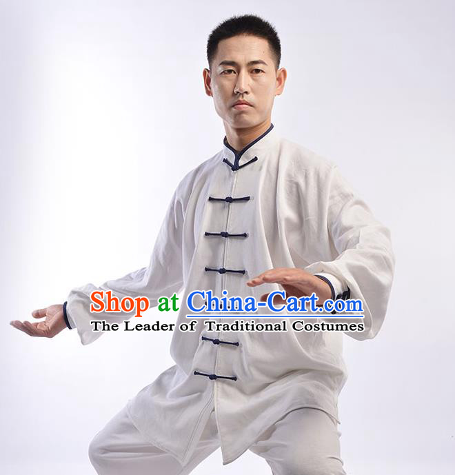 Top Chinese Traditional Natural Linen Kung Fu Costume Martial Arts Kung Fu Training Uniform Gongfu Shaolin Wushu Clothing Tai Chi Taiji Teacher Suits Uniforms for Men