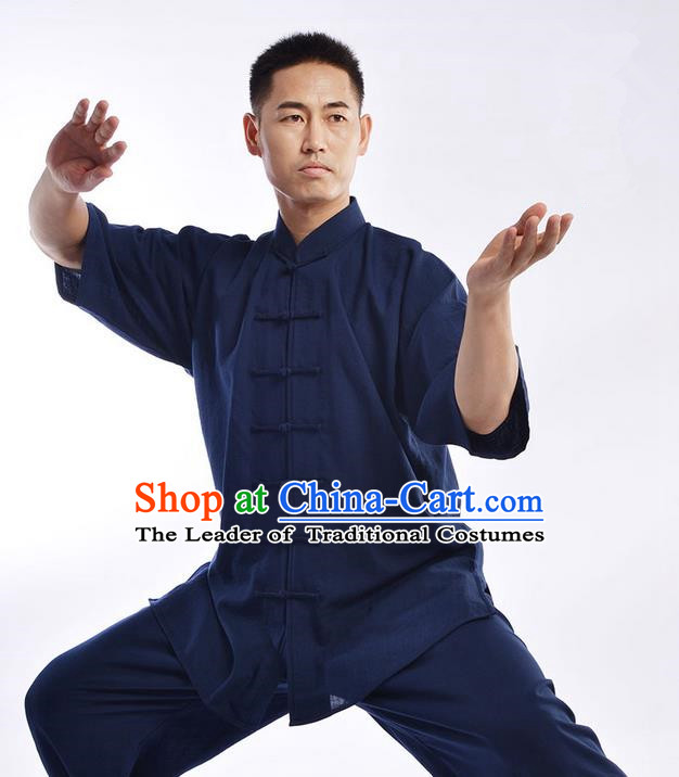 Traditional Chinese Top Linen Short Sleeve Kung Fu Costume Martial Arts Kung Fu Training Uniform Tang Suit Gongfu Shaolin Wushu Clothing Tai Chi Taiji Teacher Suits Uniforms for Men