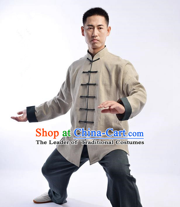 Traditional Chinese Top Thicken Linen Kung Fu Costume Martial Arts Kung Fu Training Uniform Tang Suit Gongfu Shaolin Wushu Clothing Tai Chi Taiji Teacher Suits Uniforms for Men