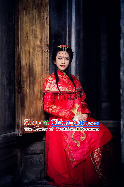 Traditional Chinese Costume Chinese Ancient Wedding Dress, Han Dynasty Bride Dragon and Phoenix Costume Complete Set for Women