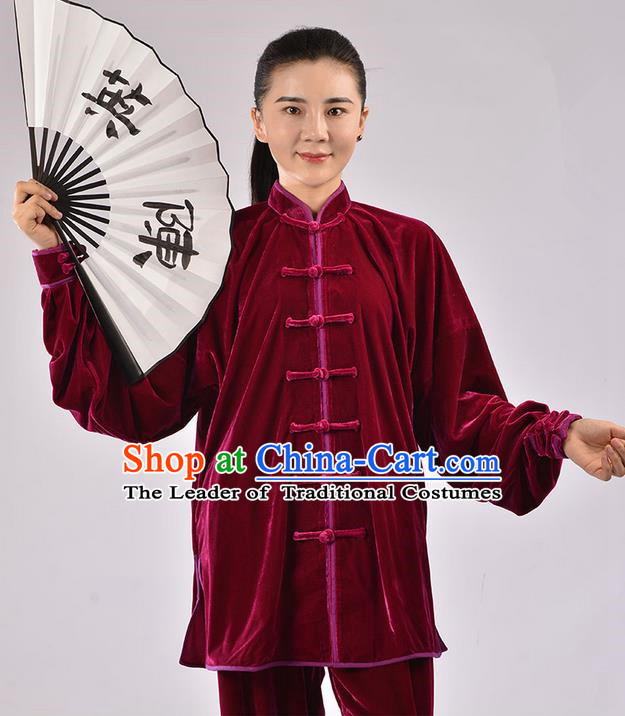 Traditional Chinese Thicken Pleuche Kung Fu Costume Martial Arts Kung Fu Training Uniform Tang Suit Gongfu Shaolin Wushu Clothing Tai Chi Taiji Teacher Suits Uniforms for Women