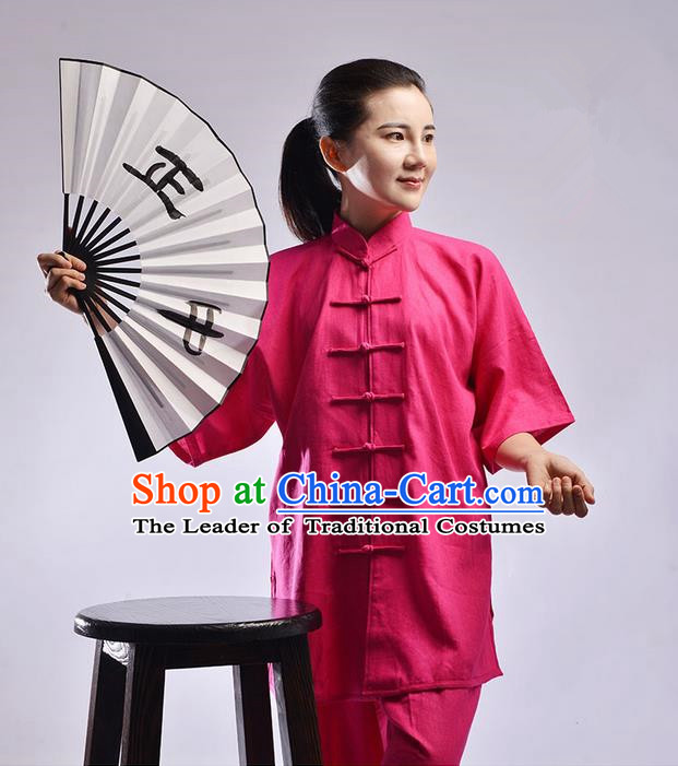 Traditional Chinese Linen Kung Fu Short Sleeve Costume Martial Arts Kung Fu Training Uniform Tang Suit Gongfu Shaolin Wushu Clothing Tai Chi Taiji Teacher Suits Uniforms for Women