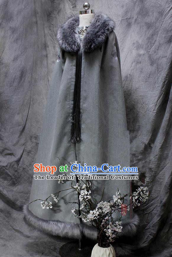 Chinese Ancient Cosplay Costumes Cloak, Chinese Traditional Embroidered Royal Prince Fur Collar Cloak, Ancient Chinese Cosplay Swordsman Knight Cloak for Men