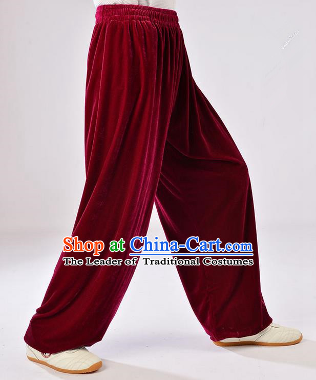 Traditional Chinese Thicken Pleuche Kung Fu Trousers, Martial Arts Kung Fu Training Trousers Tang Suit Gongfu Shaolin Wushu Clothing Tai Chi Taiji Teacher Pants for Women