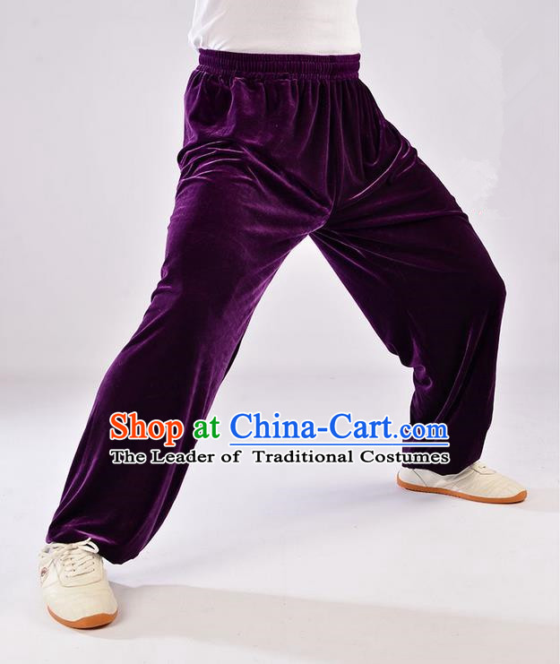 Traditional Chinese Thicken Pleuche Kung Fu Trousers, Martial Arts Kung Fu Training Trousers Tang Suit Gongfu Shaolin Wushu Clothing Tai Chi Taiji Teacher Pants for Women