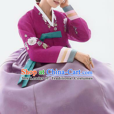 Traditional Korean Costumes Bride Wedding Purple Blouse and Silk Dress, Korea Hanbok Princess Court Embroidered Clothing for Women