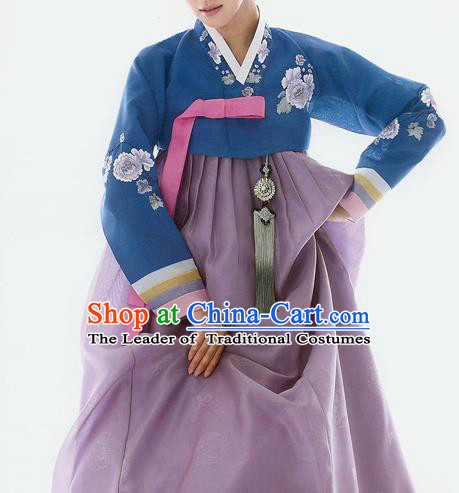 Traditional Korean Costumes Bride Wedding Deep Blue Blouse and Purple Silk Dress, Korea Hanbok Princess Court Embroidered Clothing for Women