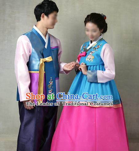 Traditional Korean Costumes Bridegroom and Bride Formal Attire Ceremonial Clothes, Korea Court Embroidered Wedding Clothing for Men for Women