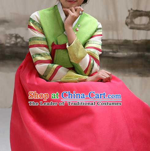 Traditional Korean Costumes Imperial Consort Wedding Green Blouse and Pink Dress, Asian Korea Hanbok Court Bride Embroidered Clothing for Women