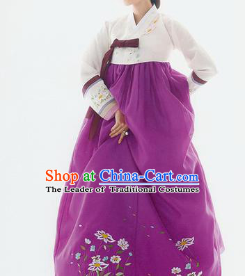 Traditional Korean Costumes Palace Lady Formal Attire Ceremonial Wedding Purple Dress, Asian Korea Hanbok Bride Embroidered Clothing for Women