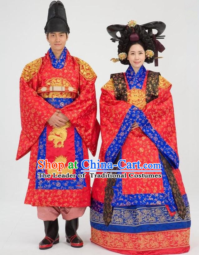 Traditional Korean Costumes Emperor and Empress Formal Attire Ceremonial Wedding Red Clothing, Asian Korea Hanbok Embroidered Clothing for Women for Men