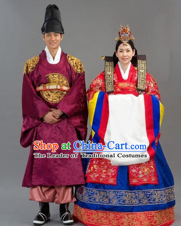 Traditional Korean Costumes Emperor and Empress Formal Attire Ceremonial Wedding Red Clothing, Asian Korea Hanbok Embroidered Clothing for Women for Men