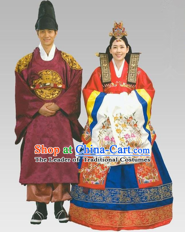 Traditional Korean Costumes Emperor and Empress Formal Attire Ceremonial Wedding Clothing, Asian Korea Hanbok Embroidered Clothing for Women for Men