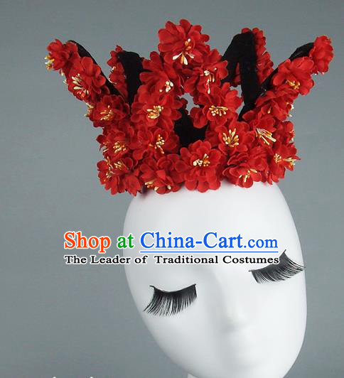 Top Grade Handmade Princess Hair Accessories Model Show Red Flowers Royal Crown, Baroque Style Bride Deluxe Headwear for Women