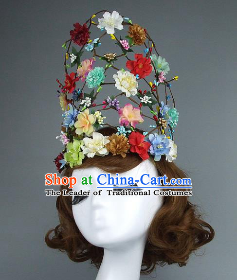 Top Grade Handmade Princess Hair Accessories Model Show Rattan Flowers Royal Crown, Baroque Style Bride Deluxe Headwear for Women