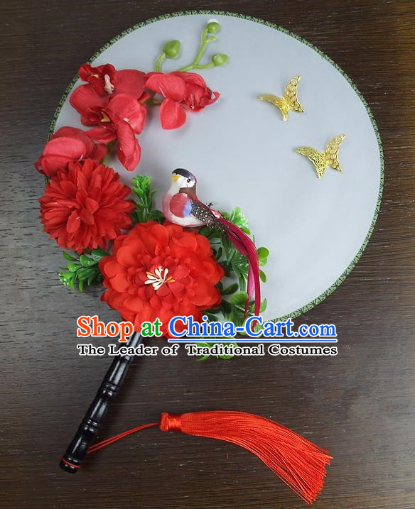 Traditional Handmade Chinese Ancient Wedding Round Fans, Hanfu Palace Lady Red Peony Flowers Bride Mandarin Fans for Women