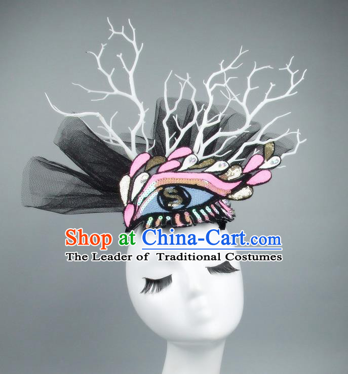 Asian China Black Veil Hair Accessories Model Show Embroidery Headdress, Halloween Ceremonial Occasions Miami Deluxe Headwear