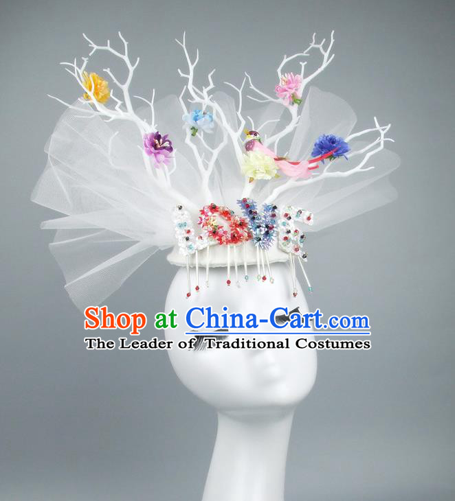 Asian China White Veil Hair Accessories Model Show Embroidery Headdress, Halloween Ceremonial Occasions Miami Deluxe Headwear