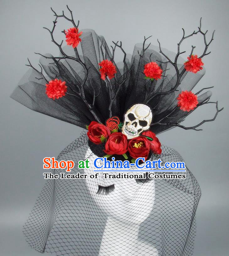 Asian China Black Veil Hair Accessories Model Show Embroidery Headdress, Halloween Ceremonial Occasions Miami Deluxe Headwear